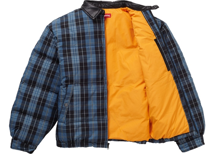 Supreme Leather Collar Puffy Jacket Blue Plaid Fall Winter 2019